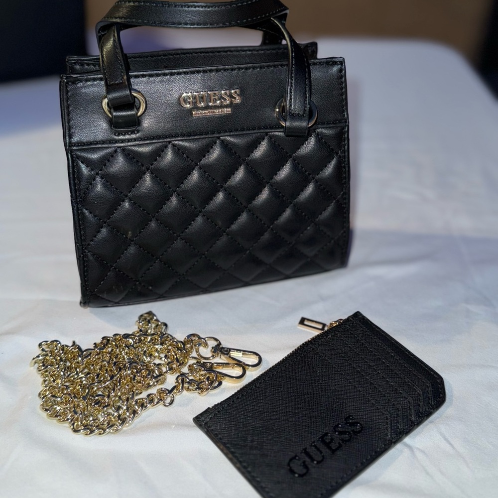 GUESS Women’s Black Quilted Handbag W/Detachable Chain Strap and Matching Wallet